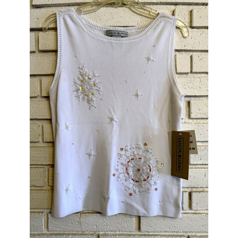 Lucia Burns White  Beaded Tank Sweater Sleeveless Shirt Snowflakes Size Lg NEW